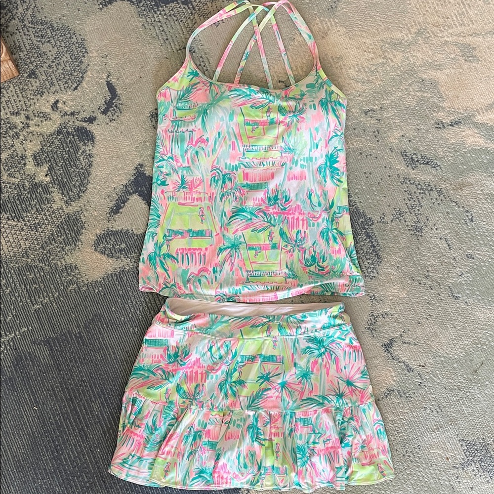 Lilly Pulitzer Tropical Print Top and Skort Set - Pink and Green